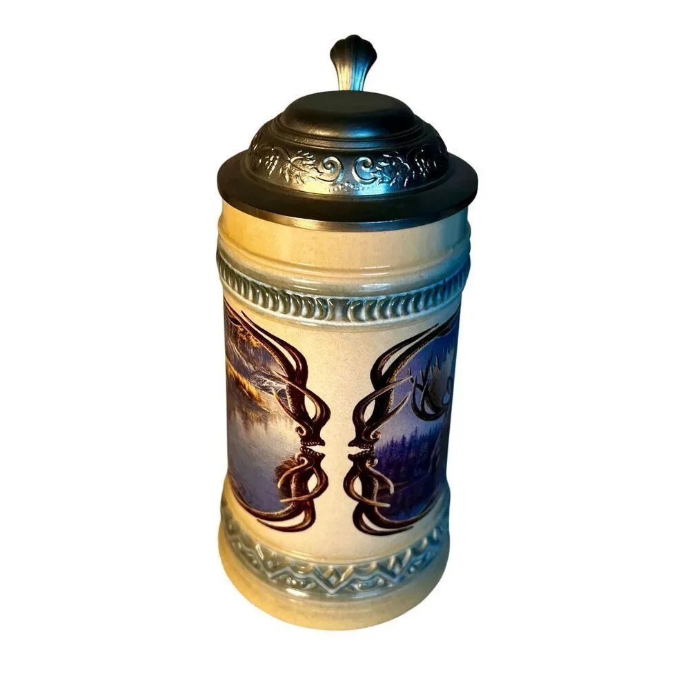 Vtg GERZ Germany Pewter Lidded Stein Features Moose Artwork By James A. Meager